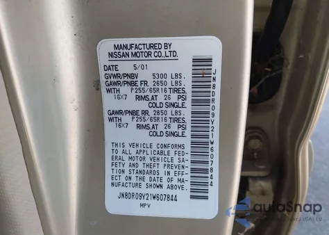 2001 Nissan Pathfinder Le from USA, damaged, VIN JN8DR09Y21W607844